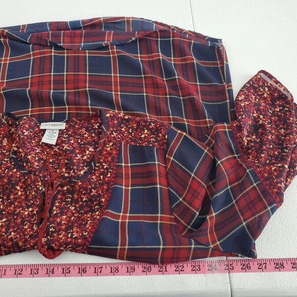 Catherines Womens Red Plaid Floral Semi Sheer Blouse Size 1X 3/4 Sleeve Boho - Picture 5 of 8
